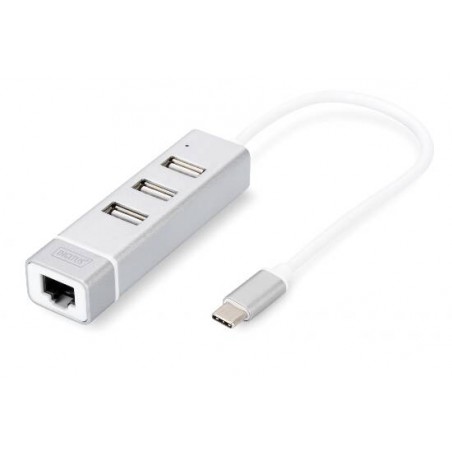 HUB CON 3 PORTE USB 2.0 TIPO 'A' E 1 PORTA RETE RJ45', CONNETTORE MASCHIO TIPO 'C'